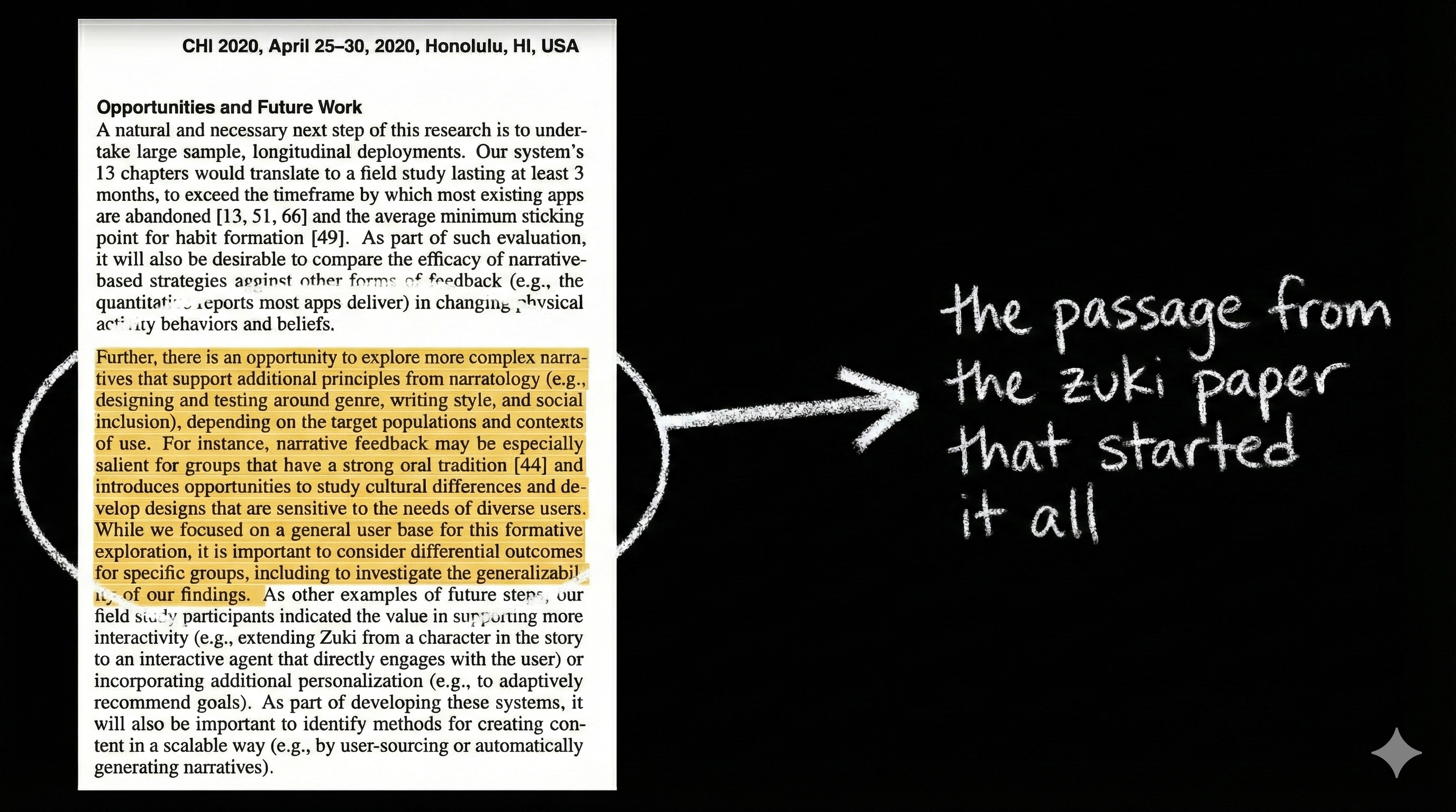 The passage from the Zuki paper highlighting the opportunity to explore narratives for groups with strong oral traditions
